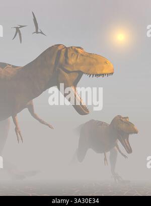 I dinosauri T Rex attraversano Un paesaggio nebbioso del Cretaceo Foto Stock