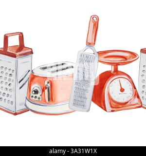 Grattugia da cucina rossa e bianca, una vecchia bilancia da cucina e un tostapane bordo senza cuciture. Illustrazione degli utensili da cucina ad acquerello isolati su uno sfondo bianco Foto Stock