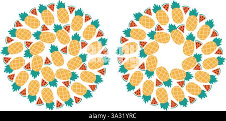 Fette di anguria triangolari con seme e cornice circolare ananas intero Set idea sfondo rotondo 2. Copia spazio modello illustrazione vettoriale isolata schede tematiche o banner promozionale Web, opuscolo, prezzo Illustrazione Vettoriale