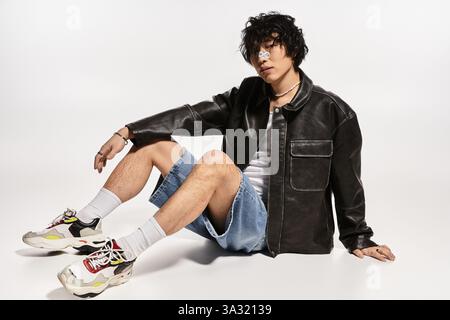 Elegante uomo asiatico con intonaco sul naso si siede casualmente sul pavimento. Foto Stock