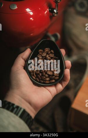 Chicchi di caffè appena tostati, pronti per essere macinati per una deliziosa tazza di espresso italiano. Foto Stock