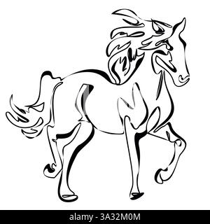 Disegno a una linea Running Horse print, poster, modello logo. Disegno vettoriale a linea continua Illustrazione Vettoriale