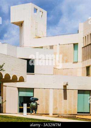 Il Fundació Joan Miró a Barcellona. L'edificio è stato progettato da Josep Lluís Sert e la statua in bronzo è "Personnage" (personage). Foto Stock