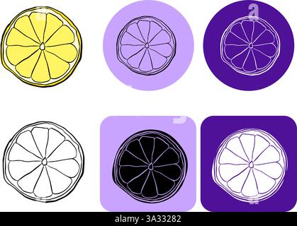 Icona del logo del vettore di frutta a fetta di limone. Illustrazione dell'inchiostro con linee grafiche in bianco e nero. Illustrazione Vettoriale