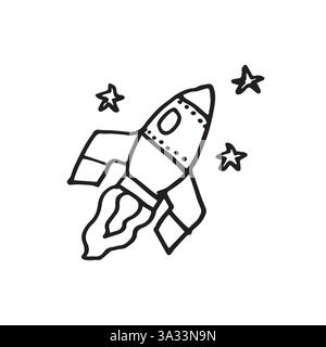 razzo spaziale astronave disegnato a mano disegnando vettoriali, simpatico disegno di cartoni animati per bambini, scarabocchi Illustrazione Vettoriale