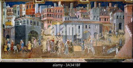 Ambrogio Lorenzetti, effetto del buon governo nella città (parte dell'Allegoria del buon e cattivo governo) 1339, affresco; Palazzo pubblico di Siena, Tus Foto Stock