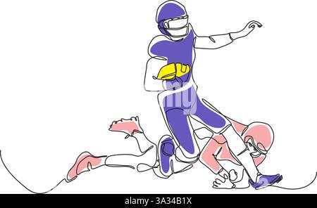 Giocatore di football americano in duello difensivo con una linea continua, grafica in linea umana con morbide forme viola, disegno su una linea Illustrazione Vettoriale