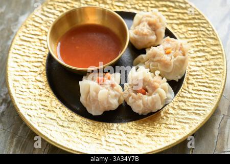 Un'immagine ravvicinata di gnocchi asiatici appena cotti ripieni di verdure e carni finemente tritate, serviti su un elegante piatto dorato Foto Stock