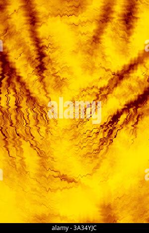 Un'accattivante immagine astratta caratterizzata da vibranti tonalità gialle e marroni con motivi ondulati e distorti che creano un effetto visivo dinamico. Perfetto per la modalità Foto Stock