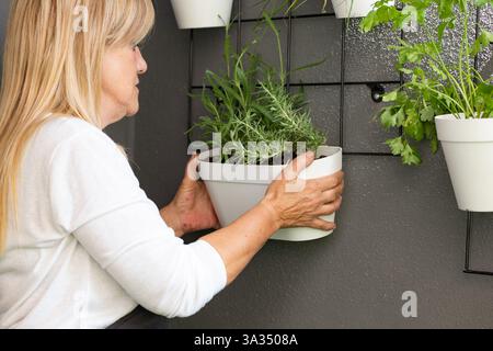 Una donna prepara vasi bianchi con erbe come il rosmarino su una piantatrice a parete verticale. Ideale per spazi ristretti, l'allestimento mette in mostra il giardinaggio urbano e il susta Foto Stock