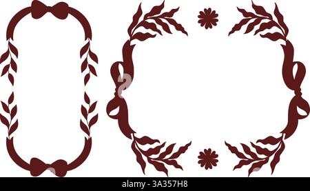 Montatura vintage con Bows e nastri con set di silhouette di piante. Romantica Coquette Girly Vibe. Illustrazione vettoriale. Modello ornato isolato disegnato a mano Illustrazione Vettoriale