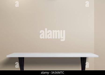 Scrivania bianca minimalista con gambe nere, posizionata nell'angolo di una stanza con pareti beige, perfetta per piccole installazioni in ufficio, spazi di lavoro per studenti o per lavoro Foto Stock