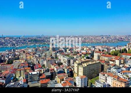 Vista aerea di Istanbul e dello stretto del Bosforo in Turchia in una giornata di sole. L'immagine cattura tetti colorati, grandi moschee e lo stretto del Bosforo Foto Stock