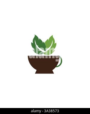 design logo tè natura, logo tazza tè foglia, tè verde foglia caffè a base di erbe bevanda salutare ristorante, illustrazione vettoriale Illustrazione Vettoriale
