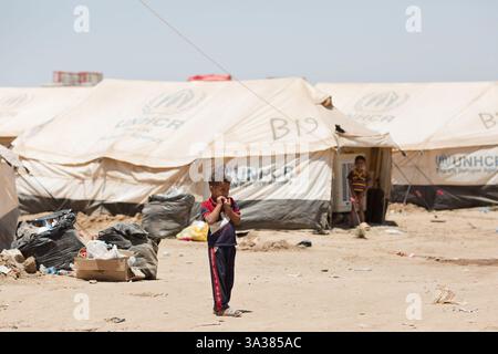 27 luglio 2014 - Erbil, Iraq - rifugiati provenienti dal sud dell'Iraq sono visti in un campo per sfollati interni (IDP) al checkpoint di Kalak vicino a Erbil nel Kurdistan iracheno. (Immagine di credito: © Matt Cetti-Roberts/ZUMA Wire/ZUMAPRESS.com) Foto Stock