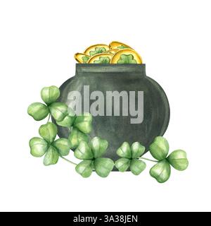 Vaso di leprecaun dipinto a mano pieno di monete d'oro e intrecciato con foglie di trifoglio sfondo isolato. Calderone Patrick Day Foto Stock
