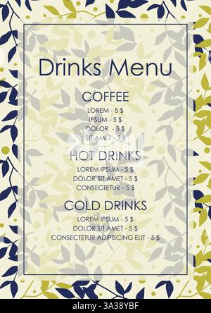 Menu delle bevande elegante modello ristorante. Menu per matrimoni. Identità del caffè. Modello per bevande di pasqua vintage con grafica disegnata a mano. Volantino con menu vettoriale Illustrazione Vettoriale