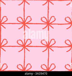 Motivo rosso rosa senza cuciture con fiocco regalo. Sfondo a scacchi con fune del pastello disegnata a mano dal vettore. Elegante stampa tessile, carta da imballaggio Illustrazione Vettoriale