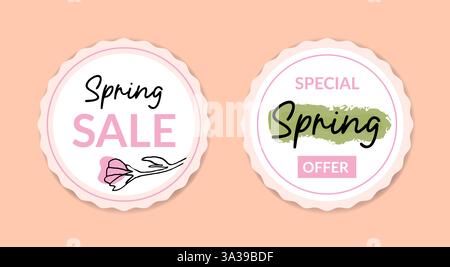 Adesivi rotondi, badge pubblicitari per i saldi primaverili, con elementi floreali. Adesivi su etichette dei prezzi, offerte speciali, banner Web, tag, logo. Illustrazione Vettoriale