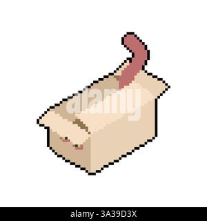 Cat in box pixel art. 8 bit PET siede nella scatola e sporge dalla coda Illustrazione Vettoriale