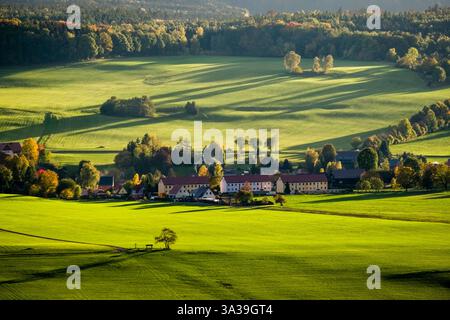 Vista aerea delle case del villaggio di Reinhardsdorf e dei campi verdi nel Parco Nazionale della Svizzera sassone, in autunno, al tramonto. Bad Schandau Saxo Foto Stock