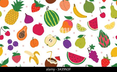 Frutta senza cuciture con diversi frutti estivi e frutti di bosco. Anguria e ananas Illustrazione Vettoriale