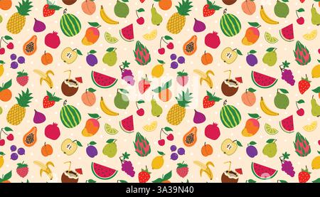 Grazioso motivo senza cuciture con diversi frutti e frutti di bosco estivi. Anguria e ananas, limone e fragole e molto altro. Illustrazione Vettoriale