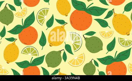 Effetto senza cuciture agli agrumi. Sfondo estivo con arance, limoni e limes. Illustrazione Vettoriale