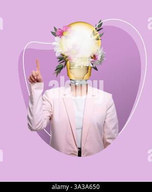 Collage artistico creativo. Donna con lampadina e fiori al posto della testa su sfondo rosa. Poster concettuale sull'idea e l'ispirazione Foto Stock