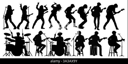 Silhouette di musicisti energici che suonano chitarra, batteria e cantano in una rock band. Illustrazione Vettoriale