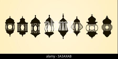 Sagome di lanterne ornate tradizionali visualizzate in fila su sfondo beige. Illustrazione Vettoriale