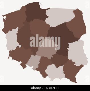 Mappa della Polonia con le regioni. Solo una semplice mappa di confine con la divisione della regione. Tavolozza dei colori marrone. Illustrazione Vettoriale