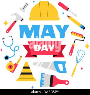 Illustrazione vettoriale del primo maggio con vari lavoratori edili di diverse professioni, con un messaggio di ringraziamento a tutti i lavoratori Illustrazione Vettoriale