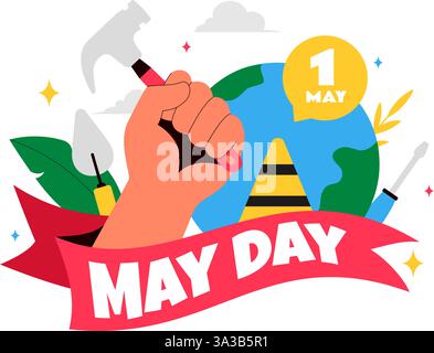 Illustrazione vettoriale del primo maggio con vari lavoratori edili di diverse professioni, con un messaggio di ringraziamento a tutti i lavoratori Illustrazione Vettoriale