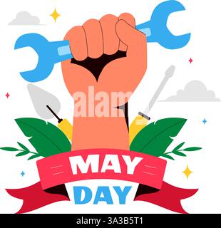 Illustrazione vettoriale del primo maggio con vari lavoratori edili di diverse professioni, con un messaggio di ringraziamento a tutti i lavoratori Illustrazione Vettoriale