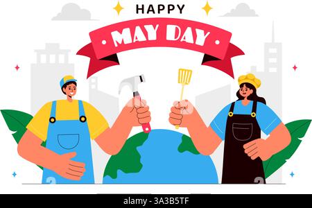 Illustrazione vettoriale del primo maggio con vari lavoratori edili di diverse professioni, con un messaggio di ringraziamento a tutti i lavoratori Illustrazione Vettoriale