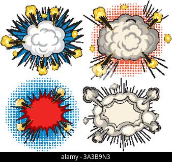 Illustrazione vettoriale di esplosioni comiche colorate, bolle ed effetti Illustrazione Vettoriale