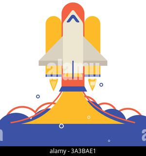Lancio della navicella spaziale. Navetta spaziale sulla rampa di lancio. Il veicolo spaziale all'inizio della spedizione. Illustrazione vettoriale piatta isolata su sfondo bianco Illustrazione Vettoriale