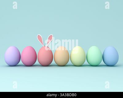 Coniglio o coniglietto uova di Pasqua colorate su sfondo color pastello blu verde chiaro con ombre e spazio vuoto concetto minimale 3D per il giorno di pasqua Foto Stock