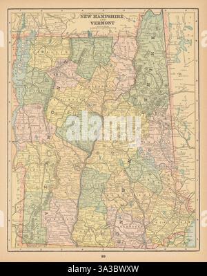 Mappa dello stato del New Hampshire e del Vermont nelle contee. CRAM 1894 vecchio antiquariato Foto Stock