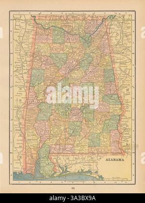 Mappa dello stato dell'Alabama nelle contee. CRAM 1894 Old Old vintage plan chart Foto Stock