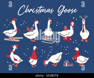 Set di illustrazioni natalizie invernali con oche bianche, design natalizio su sfondo blu. Illustrazione vettoriale Illustrazione Vettoriale