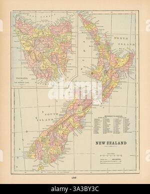 Nuova Zelanda che mostra le contee. CRAM 1894 Old Old Old vintage MAP plan chart Foto Stock
