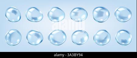 Serie di icone a colori realistiche con bolle molecolari trasparenti. Collagene proprietà nutrienti della pelle oggetti 3d raggruppati su sfondo blu Illustrazione Vettoriale