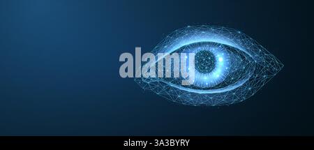 Occhio 3D su sfondo blu. Visione digitale, oftalmologia salute, riconoscimento facciale. Illustrazione Vettoriale