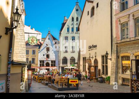 La città vecchia di Tallinn, in Estonia, vedrà le persone sedute ai tavoli da caffè in un pomeriggio estivo lungo Vanaturu kael nella medievale città vecchia di Tallinn, in Estonia Foto Stock