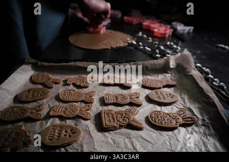Processo di preparazione dei biscotti di Pasqua con timbro. Coniglietti e uova da vicino su carta da forno, mani dell'uomo Foto Stock