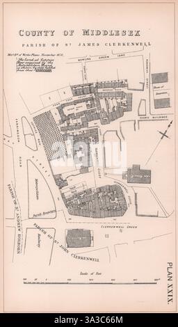 1877 Clerkenwell Green & Close. Casa delle sessioni. St James's Church 1898 vecchia mappa Foto Stock
