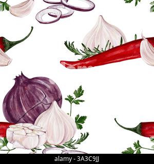 Motivo senza cuciture con cipolla, pepe, aglio ed erbe aromatiche. Verdure e spezie. Illustrazione acquerello isolata dallo sfondo. Schema vegetale Foto Stock