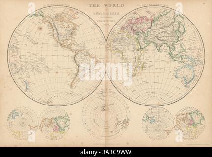 Il mondo negli emisferi con altre proiezioni di Edward Weller 1860 vecchia mappa Foto Stock